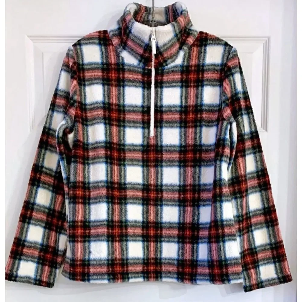J Crew BL251 NWT Size 2Xl Woman's Tartan Plaid Sherpa Half-Zip Pull-Over Top